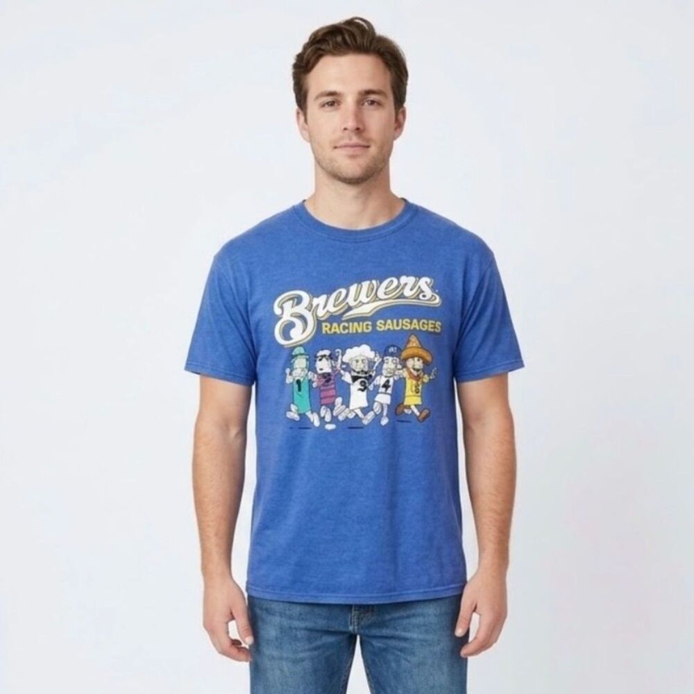 Milwaukee Brewers MLB Unisex Royal Blue Racing Sausages SS Vintage T-Shirt Sz L